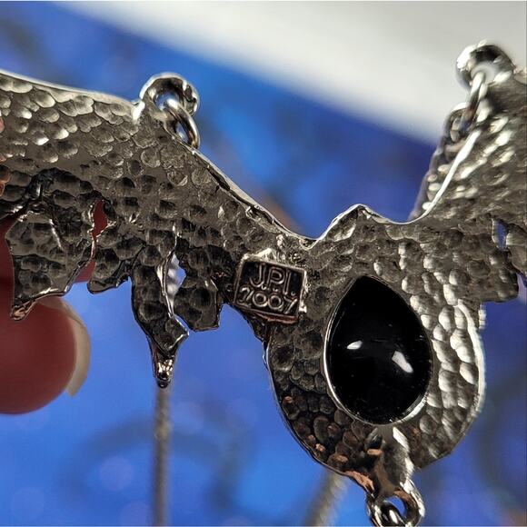 Signed JPL Bat Wing Pewter-tone Necklace Black Faceted Stone Pentacle Pentagram - Picture 3 of 6